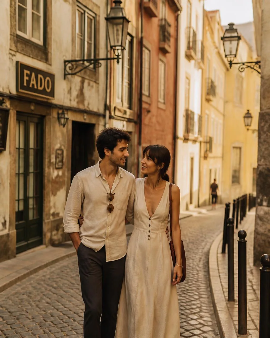 A couple wandering through a sunlit old neighborhood street abroad