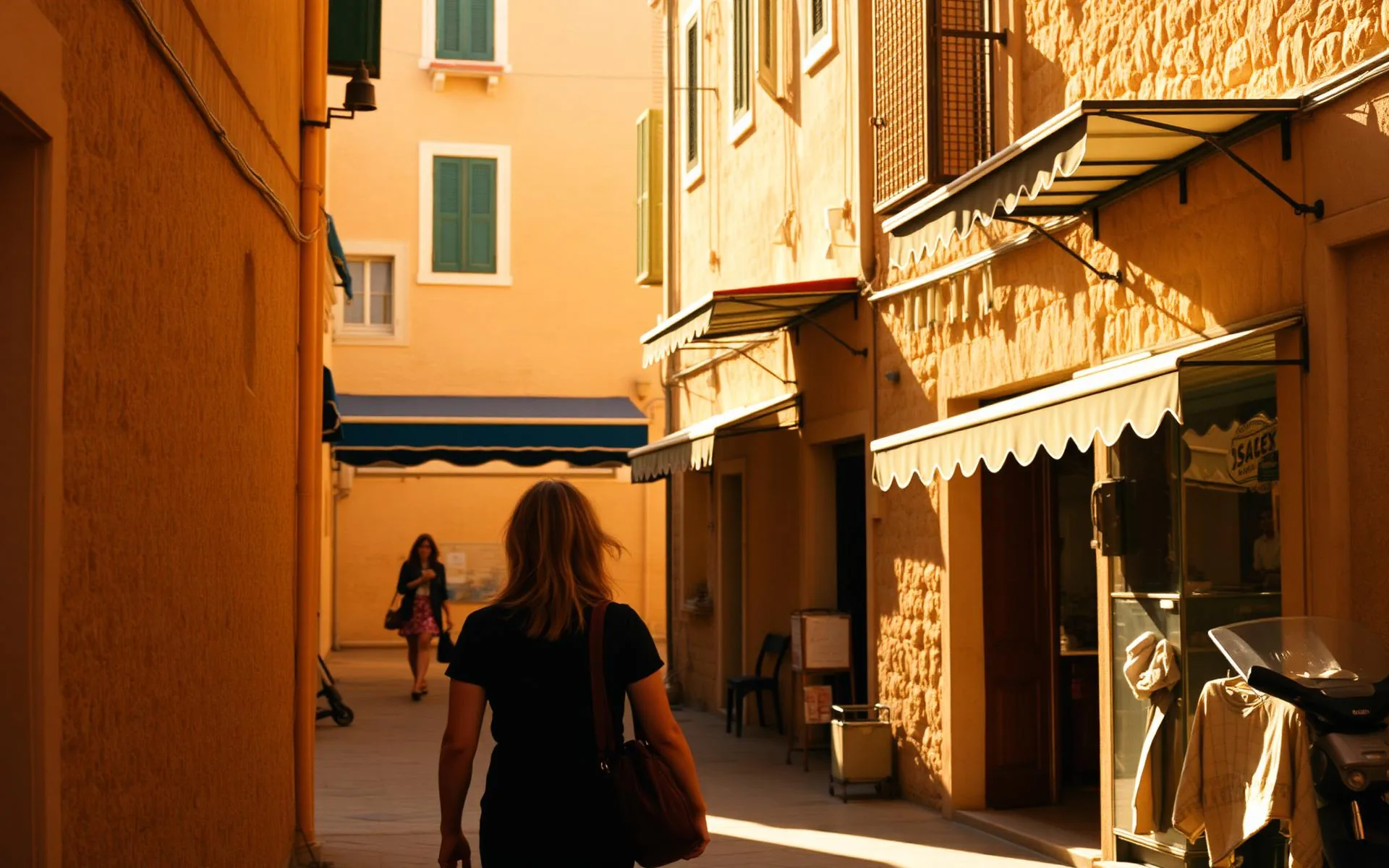 A traveler wandering through a sunlit old neighborhood street abroad
