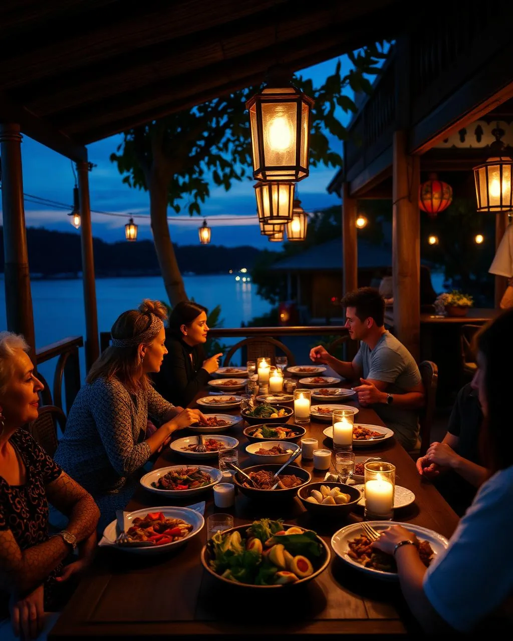 Travelers sharing a lantern-lit dinner in Thailand at dusk