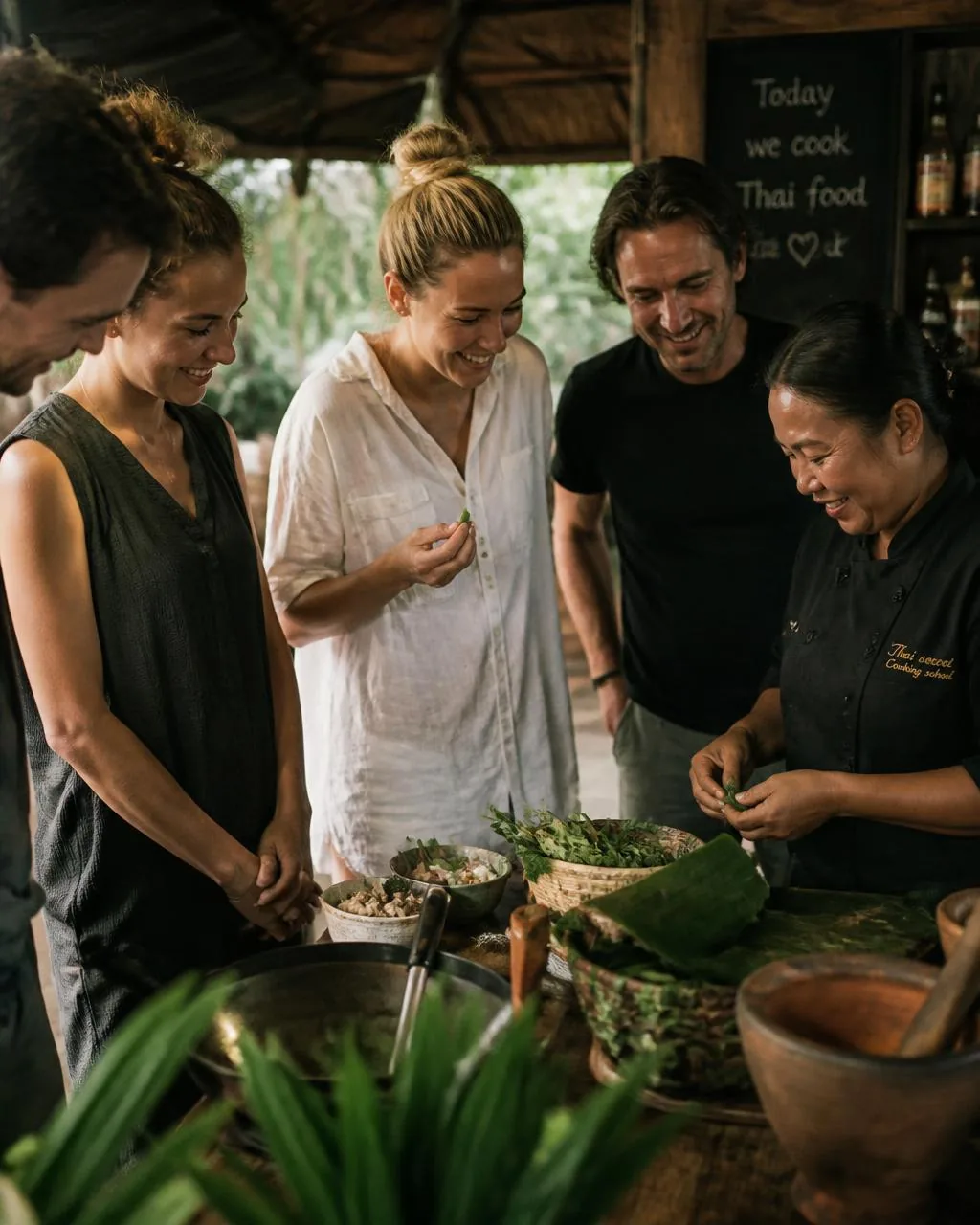Travelers learning from a local chef during a Thai cooking experience