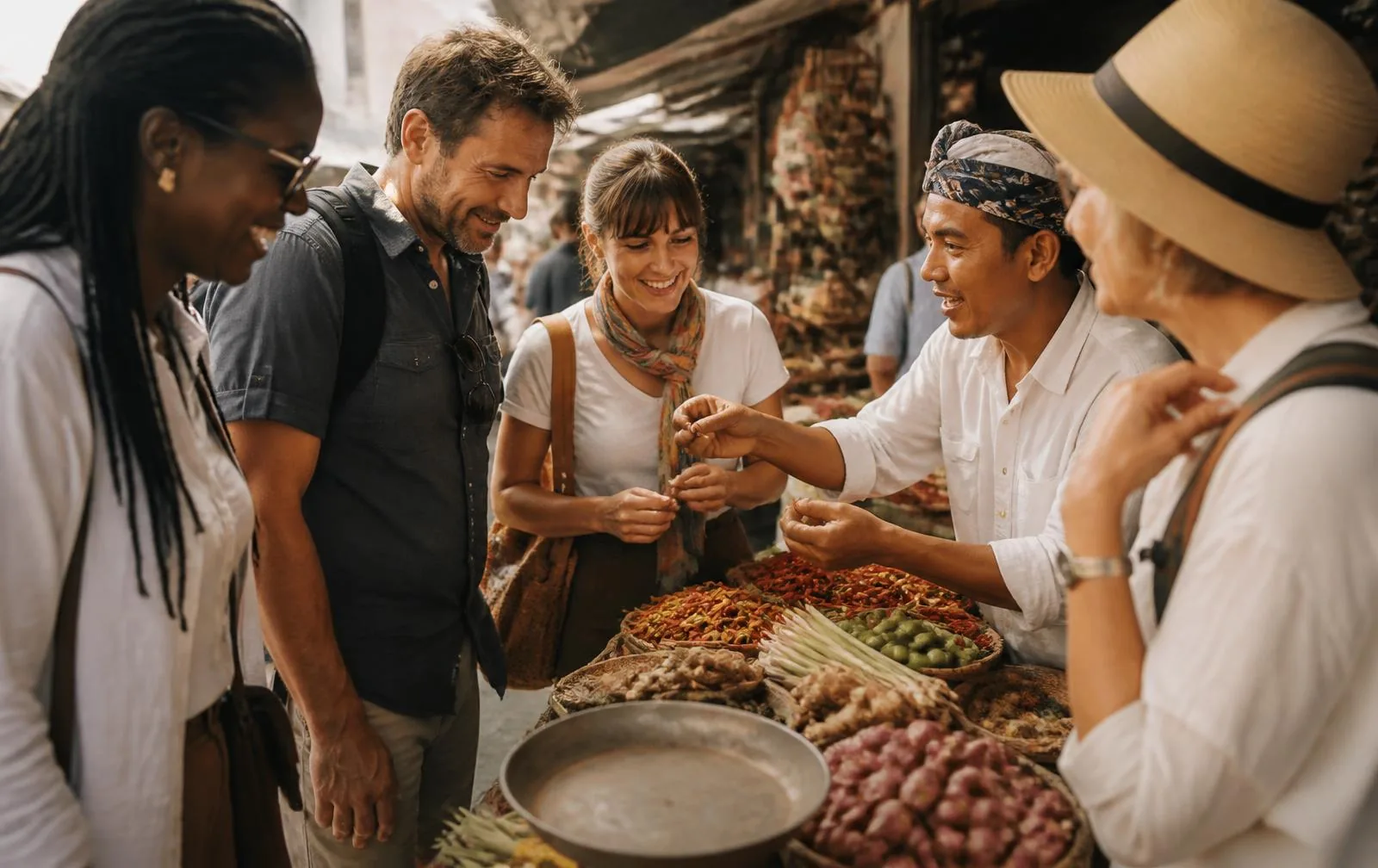Travelers exploring a local market with a host, tasting spices and fresh produce