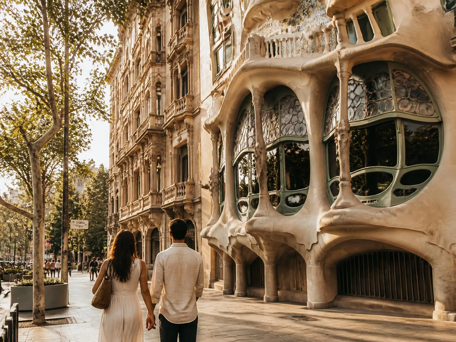 Travelers walking toward Gaudí architecture on a sunlit Barcelona street