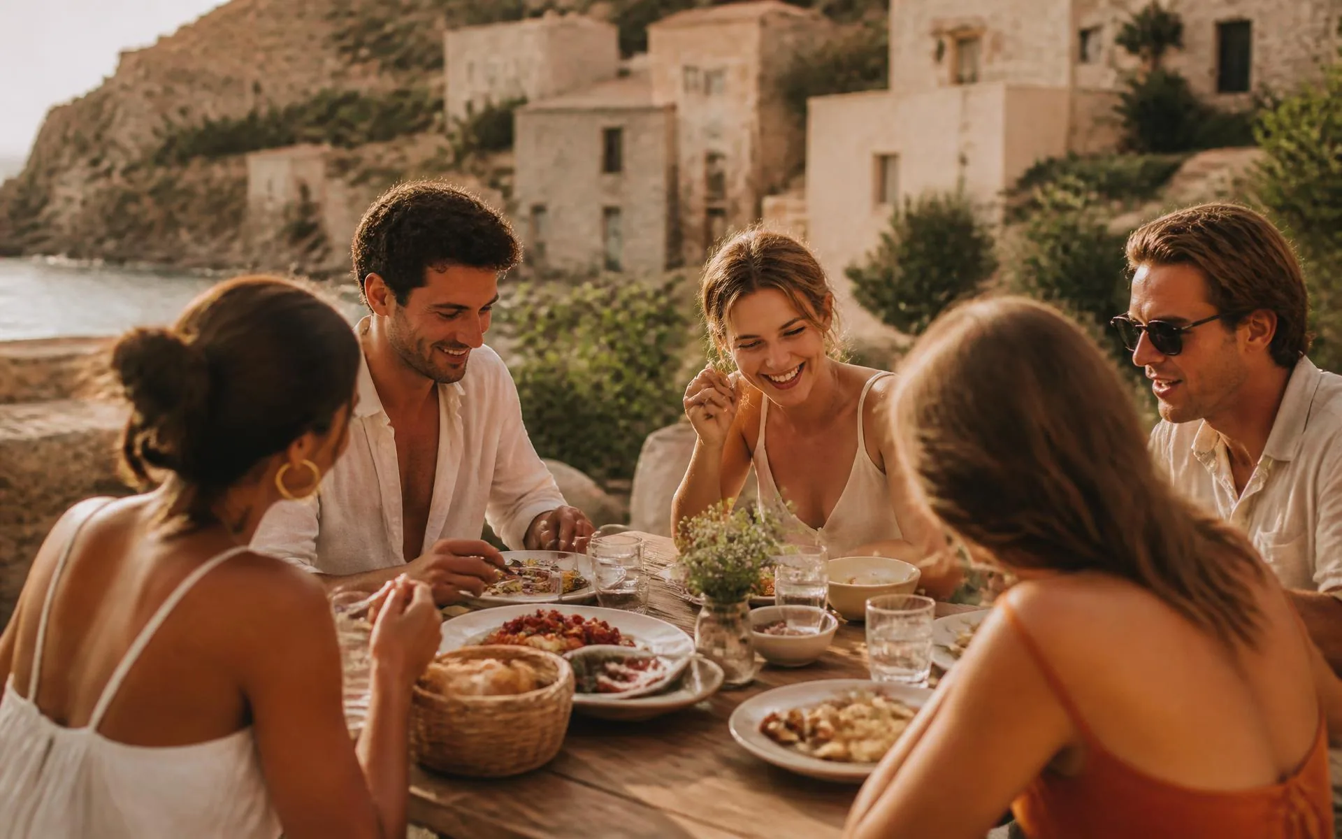 Travelers sharing a meal together in a sunlit coastal village