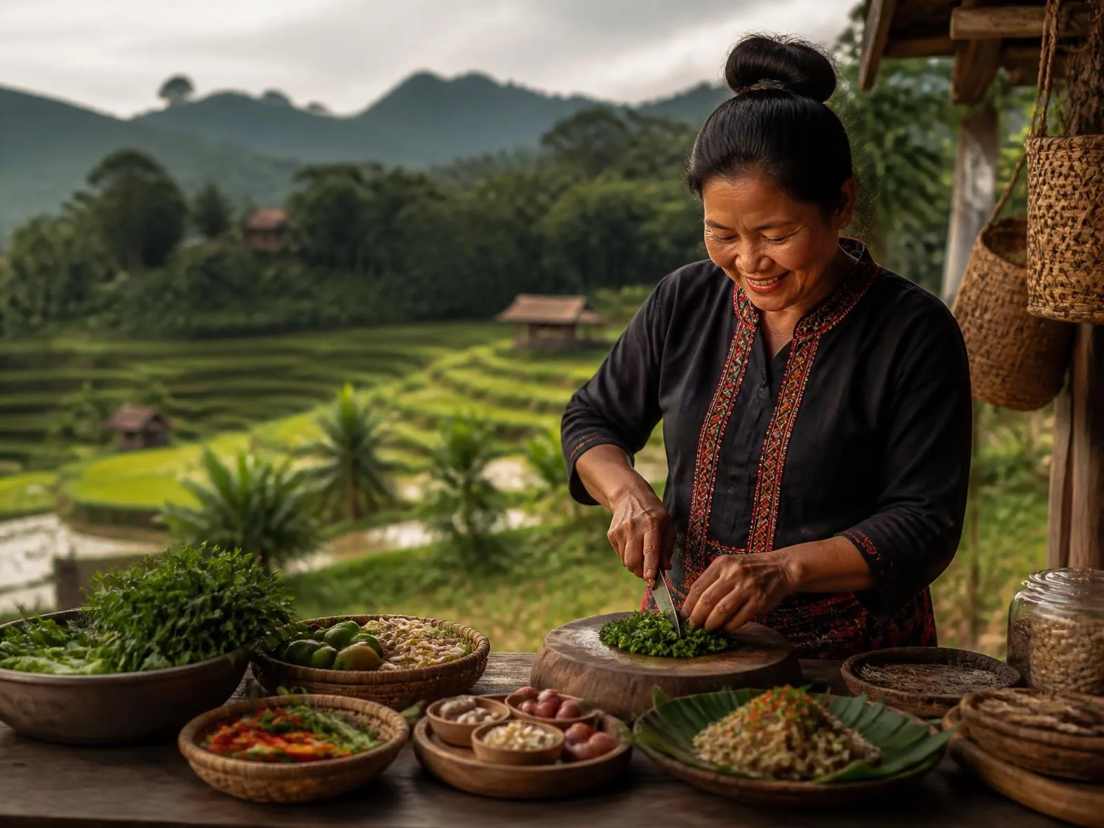 A local host preparing traditional food in a northern Thailand mountain village