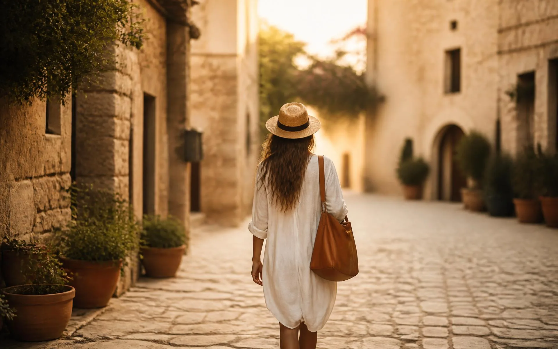 A traveler walking through a sunlit cobblestone street abroad